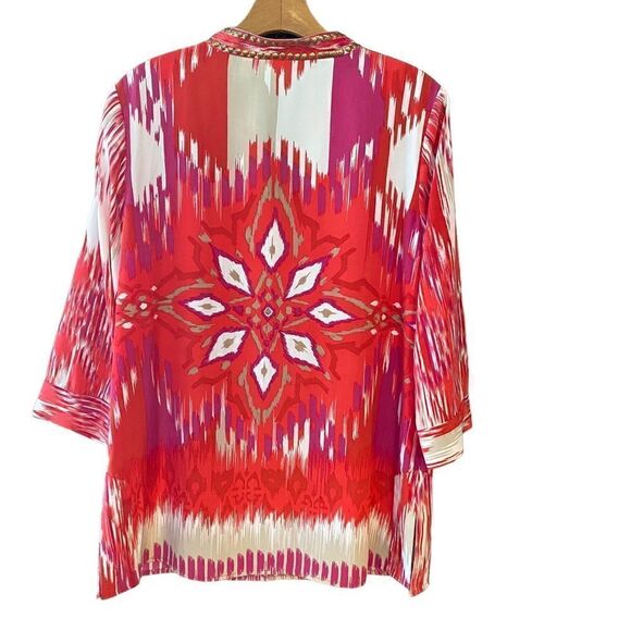 Chico’s Sz 0=SM 4 Pink Purple Gold Boho Bali Design Beaded Collar Flowy Top - Picture 2 of 7